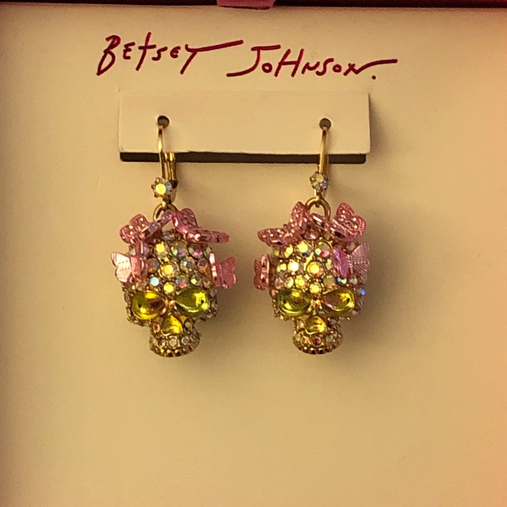 Betsey Johnson Gold Tone Sugar Skull Drop Earrings Butterfly Crystal Accents NIB